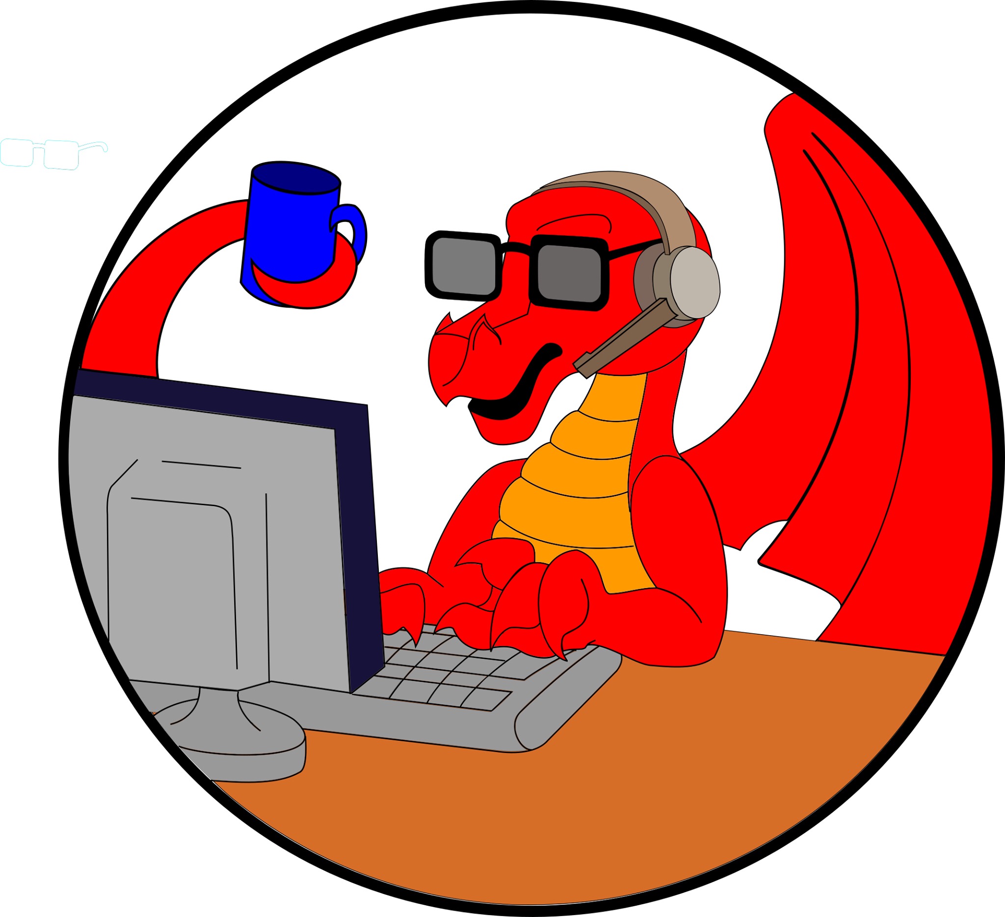 Digital Dragons Inc logo: a red dragon wearing dark glasses and a headset with a microphone, typing at a computer keyboard, its tail curled around a blue mug.